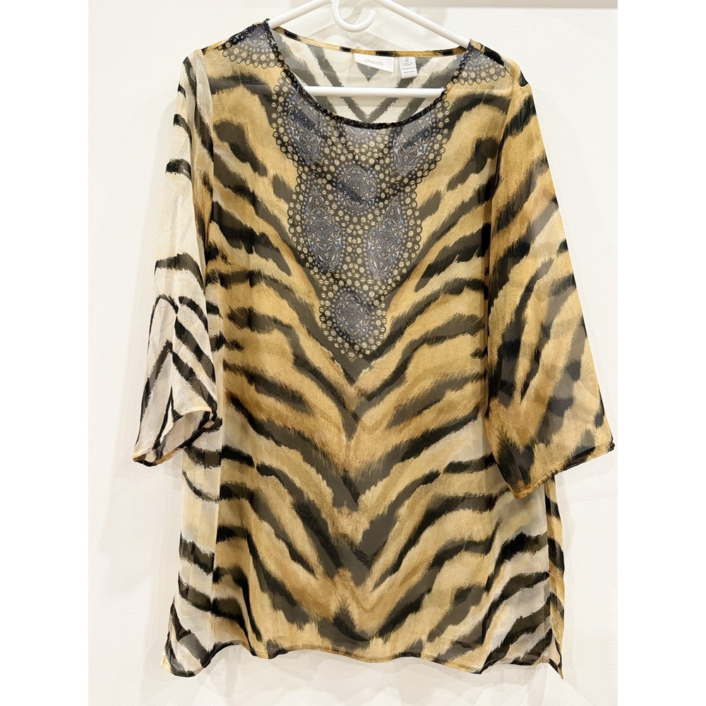 Chico's Women's Animal Print Sheer 3/4 Sleeve Tunic Blouse Size 2